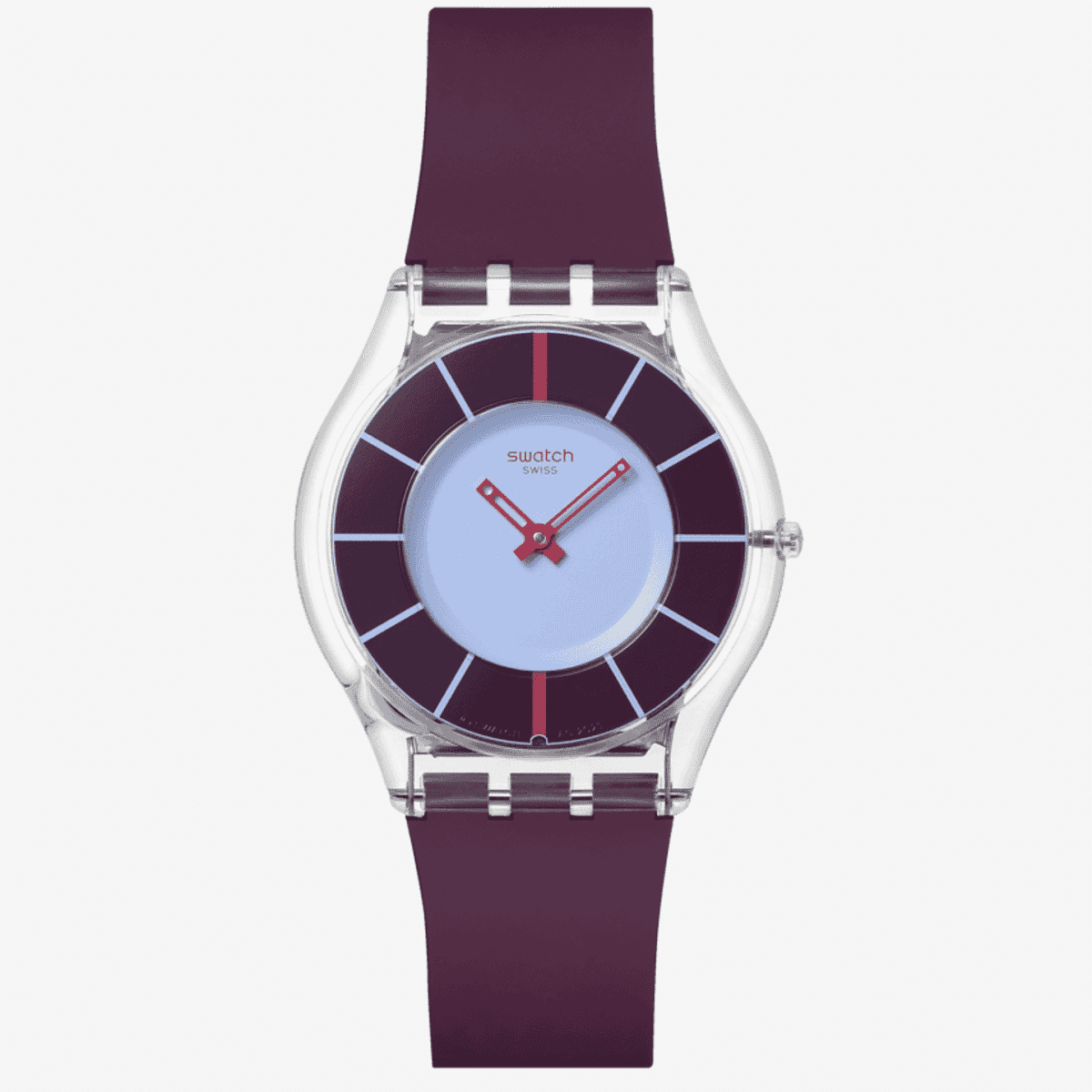 Vista frontal del Reloj Swatch Always on Time con brazalete de silicona morado y esfera azul - SS08K122