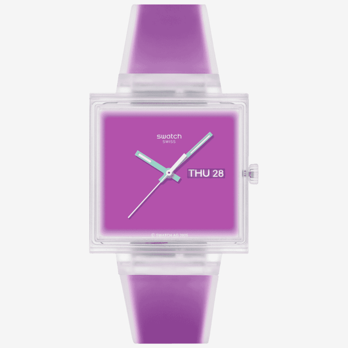 Vista frontal del Reloj Swatch What If...see Thru Magenta? con brazalete de silicona rosa y esfera rosa - SO38K705