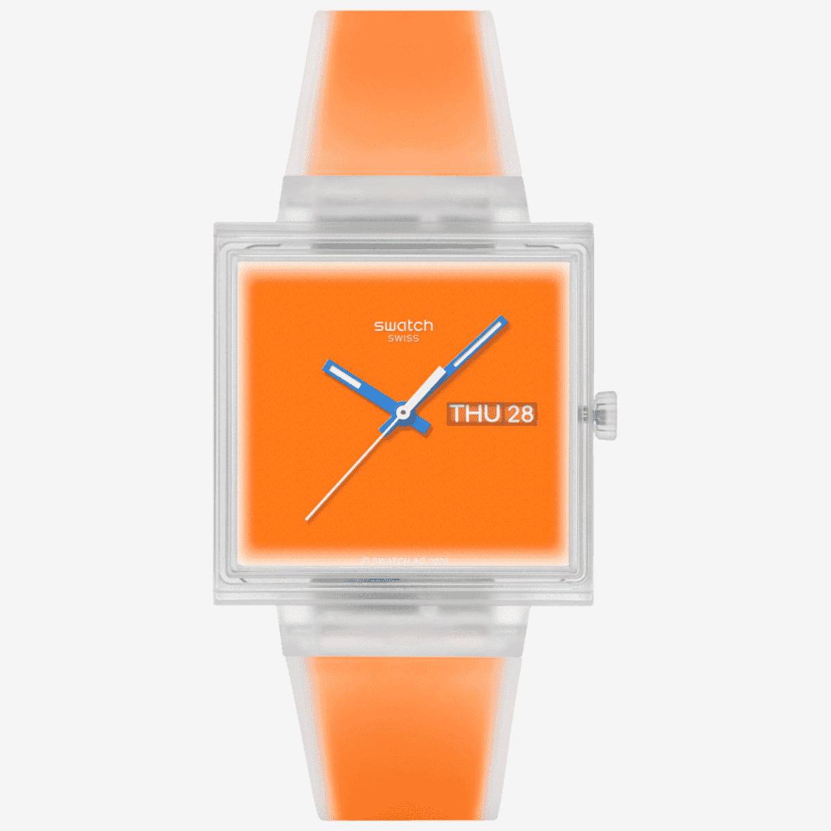 Vista frontal del Reloj Swatch What If...see Thru Orange? con caja transparente y esfera naranja - SO38K704