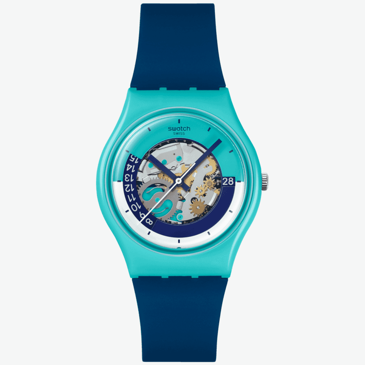 Vista frontal del Reloj Swatch If Not Now, When? con caja turquesa y esfera azul multicolor - SO28L400