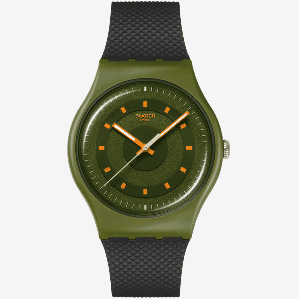 Vista frontal del Reloj Swatch Take Your Time, Enjoy the Moment con esfera verde y correa de silicona negra - SO29G113