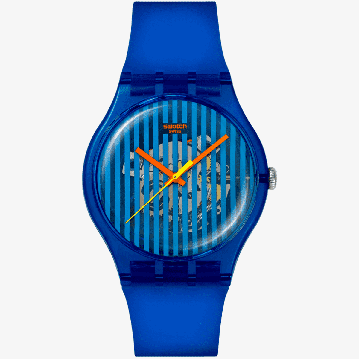 Vista frontal del Reloj Swatch Brilliantly Blue con correa de silicona y esfera azul transparente - SO29S102