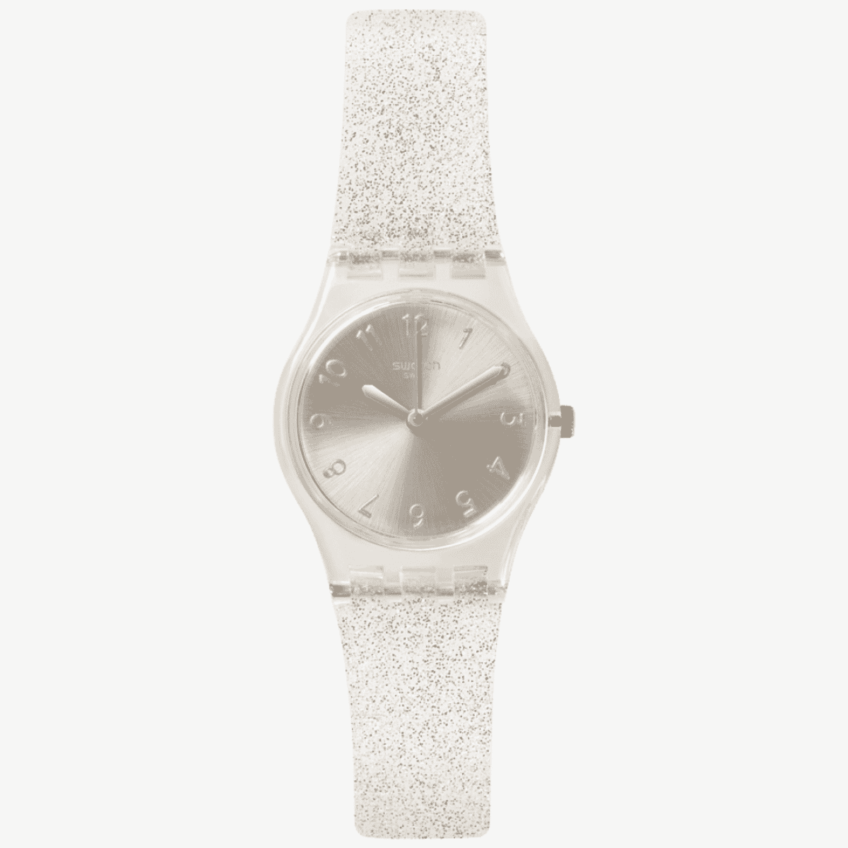 Vista frontal del Reloj Swatch Silver Glistar Too con brazalete transparente y esfera gris - LK343E