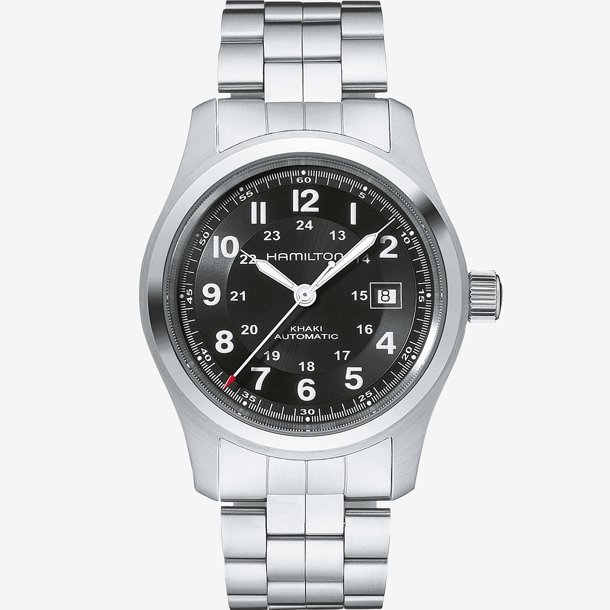 Vista frontal del Khaki Field Auto con brazalete de acero y esfera negra - H70515137
