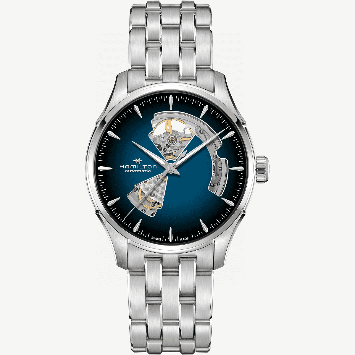 Vista frontal del Jazzmaster Open Heart Auto con brazalete de acero y esfera azul - H32675140