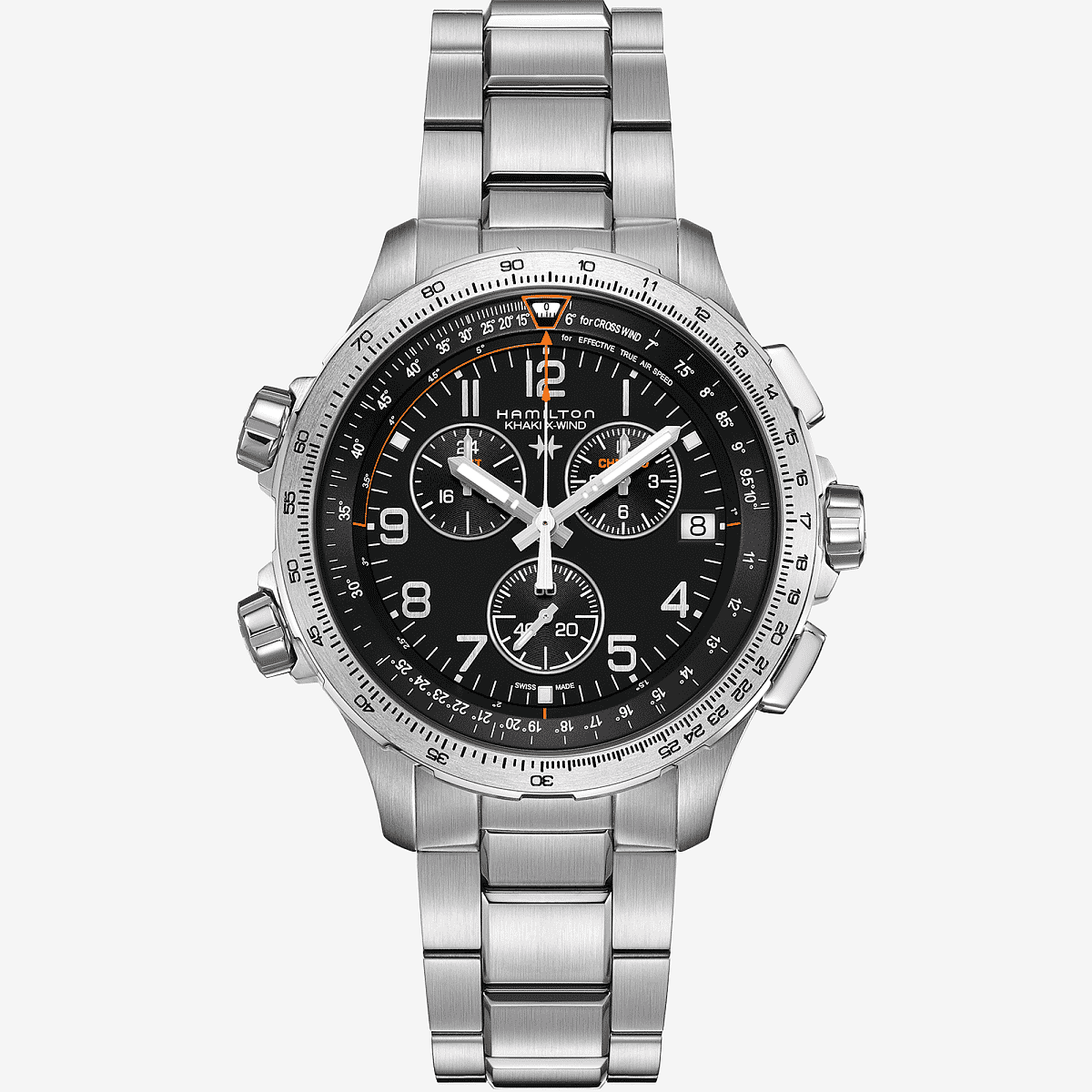 Vista frontal del Reloj Hamilton Khaki Aviation X-Wind GMT Chrono Quartz con brazalete de acero y esfera negra - H77912135