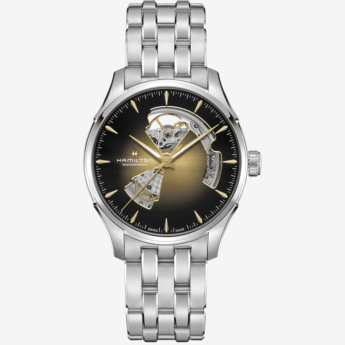 Vista frontal del Jazzmaster Open Heart Auto 40 mm con esfera dorada y negra y brazalete de acero - H32675101