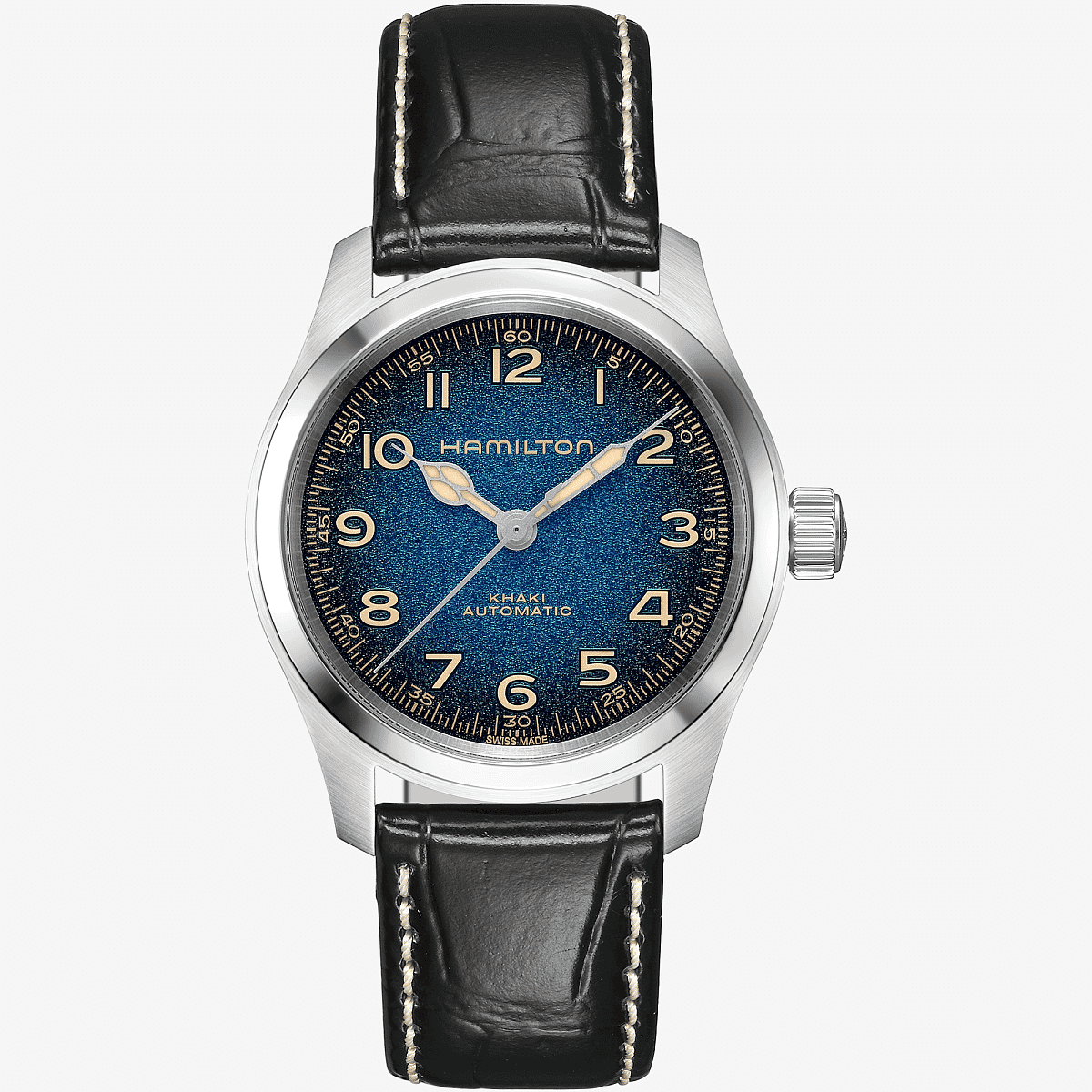 Vista frontal del Khaki Field Murph 38 mm con esfera azul y brazalete de piel - H70405740