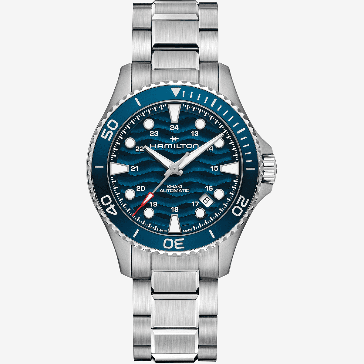 Vista frontal del Reloj Hamilton Khaki Navy Scuba Auto 40 mm con brazalete de acero y esfera azul - H82425140