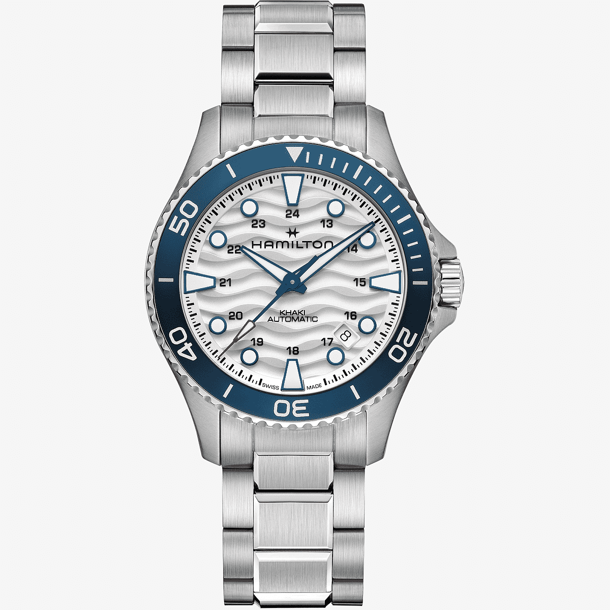 Vista frontal del Khaki Navy Scuba Auto 40 mm con esfera blanca y brazalete de acero - H82425110