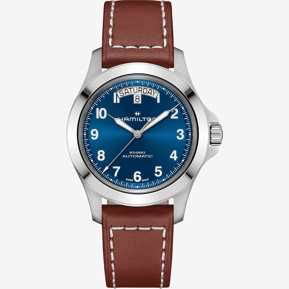 Vista frontal del Khaki Field King Day-Date 40 mm con brazalete de piel marrón y esfera azul - H64475540
