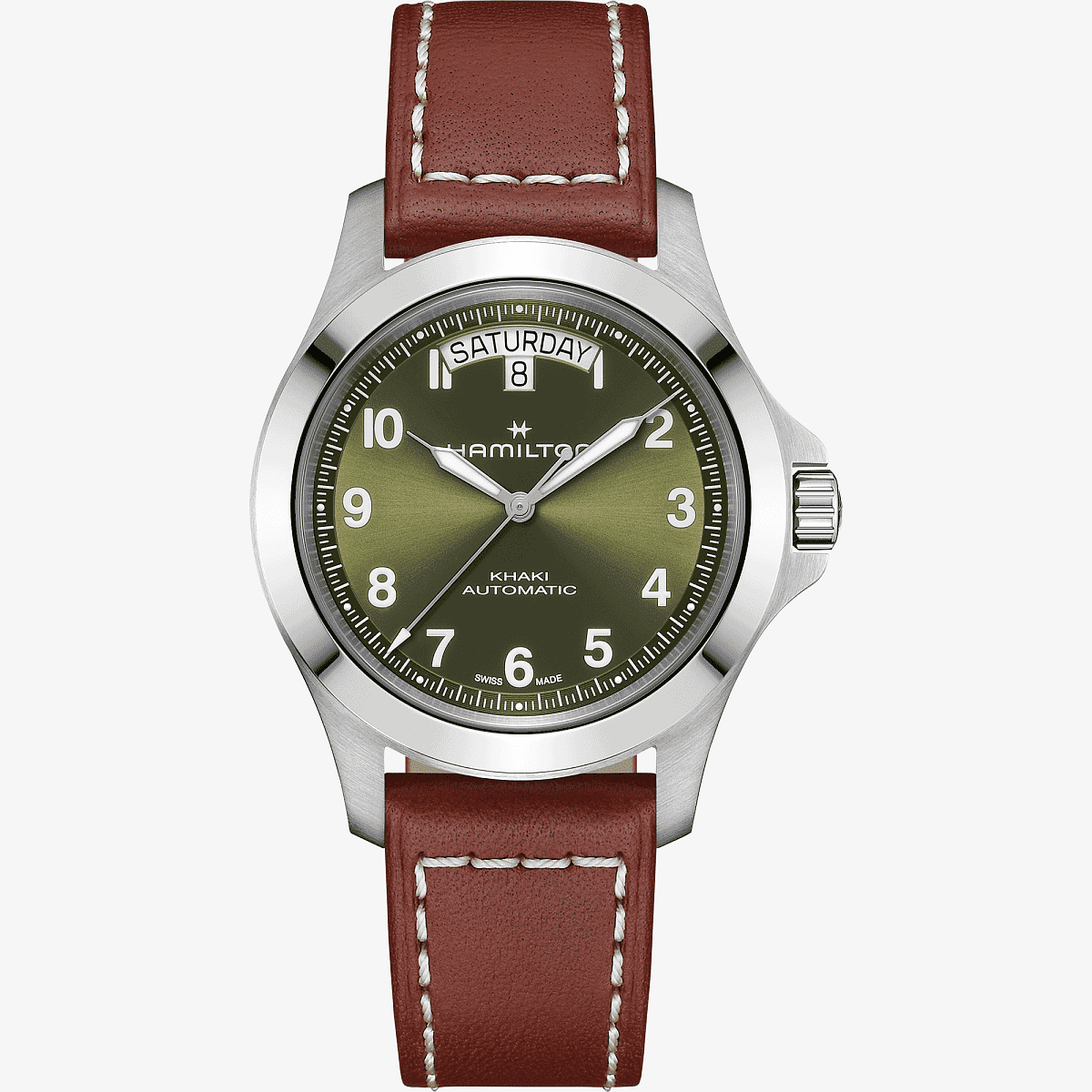 Vista frontal del Reloj Hamilton Khaki Field King Day-Date 40 mm con correa de piel y esfera verde - H64475560