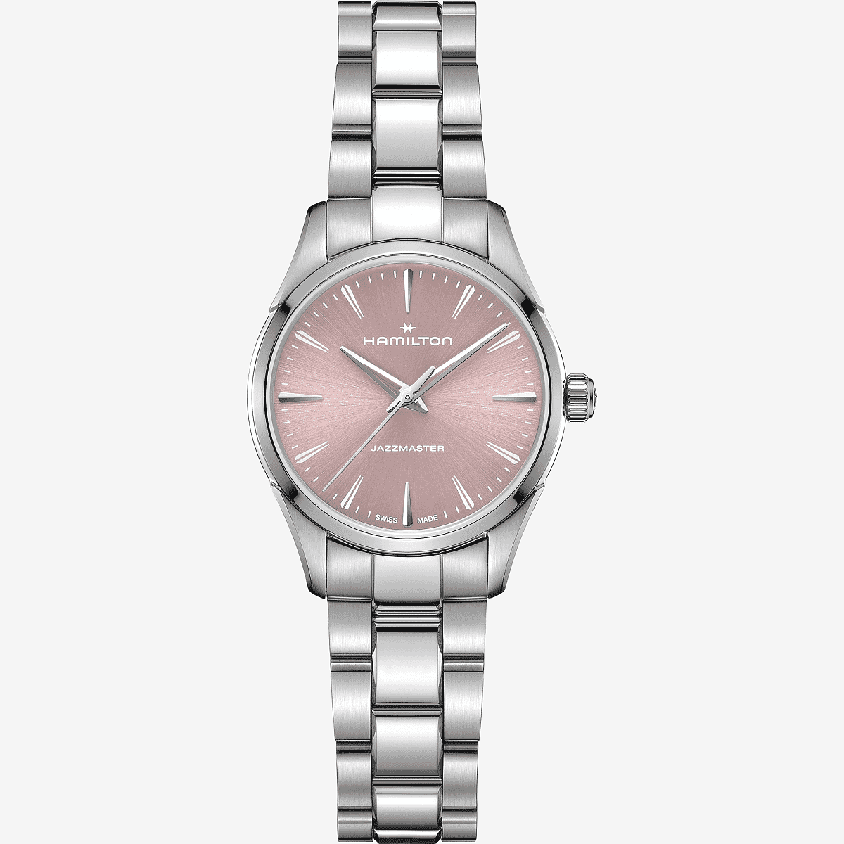 Vista frontal del Reloj Jazzmaster Quartz 32 mm con brazalete de acero y esfera rosa - H32301171
