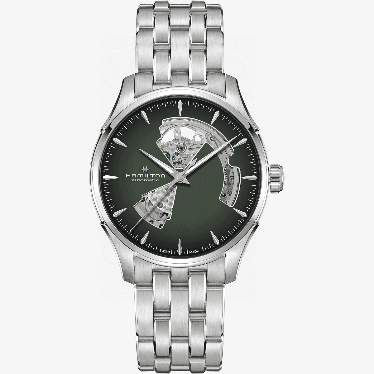Vista frontal del reloj Hamilton Jazzmaster Open Heart Auto H32675160 con brazalete de acero y esfera verde - H32675160