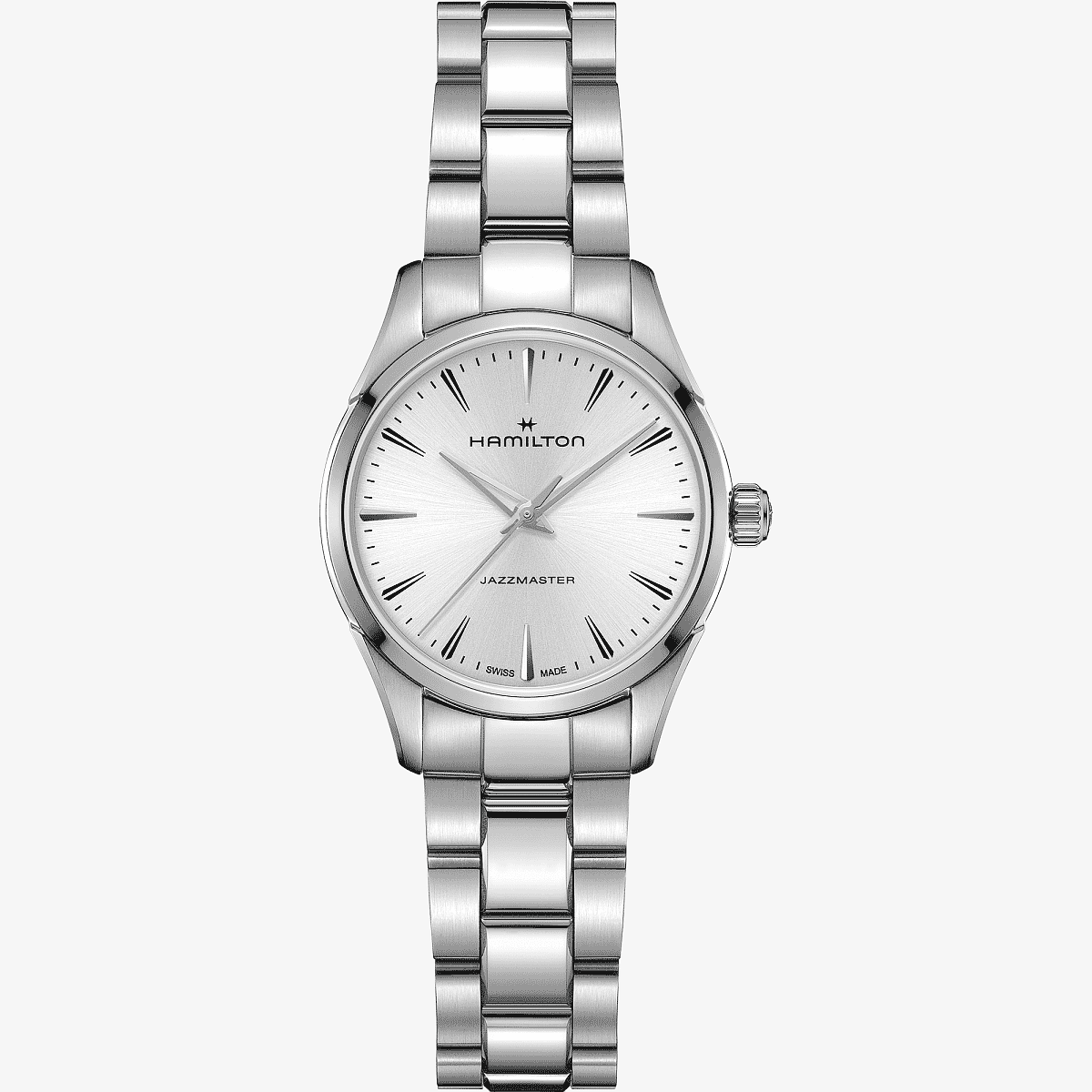 Vista frontal del Reloj Hamilton Jazzmaster Quartz 32 mm con brazalete de acero y esfera plateada - H32301181