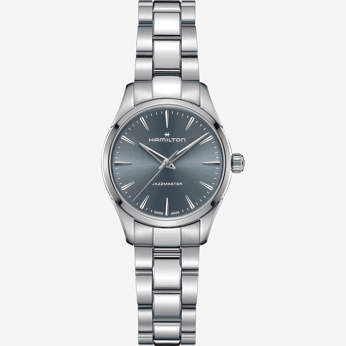 Vista frontal del Jazzmaster Quartz 32 mm con brazalete de acero y esfera azul - H32301141