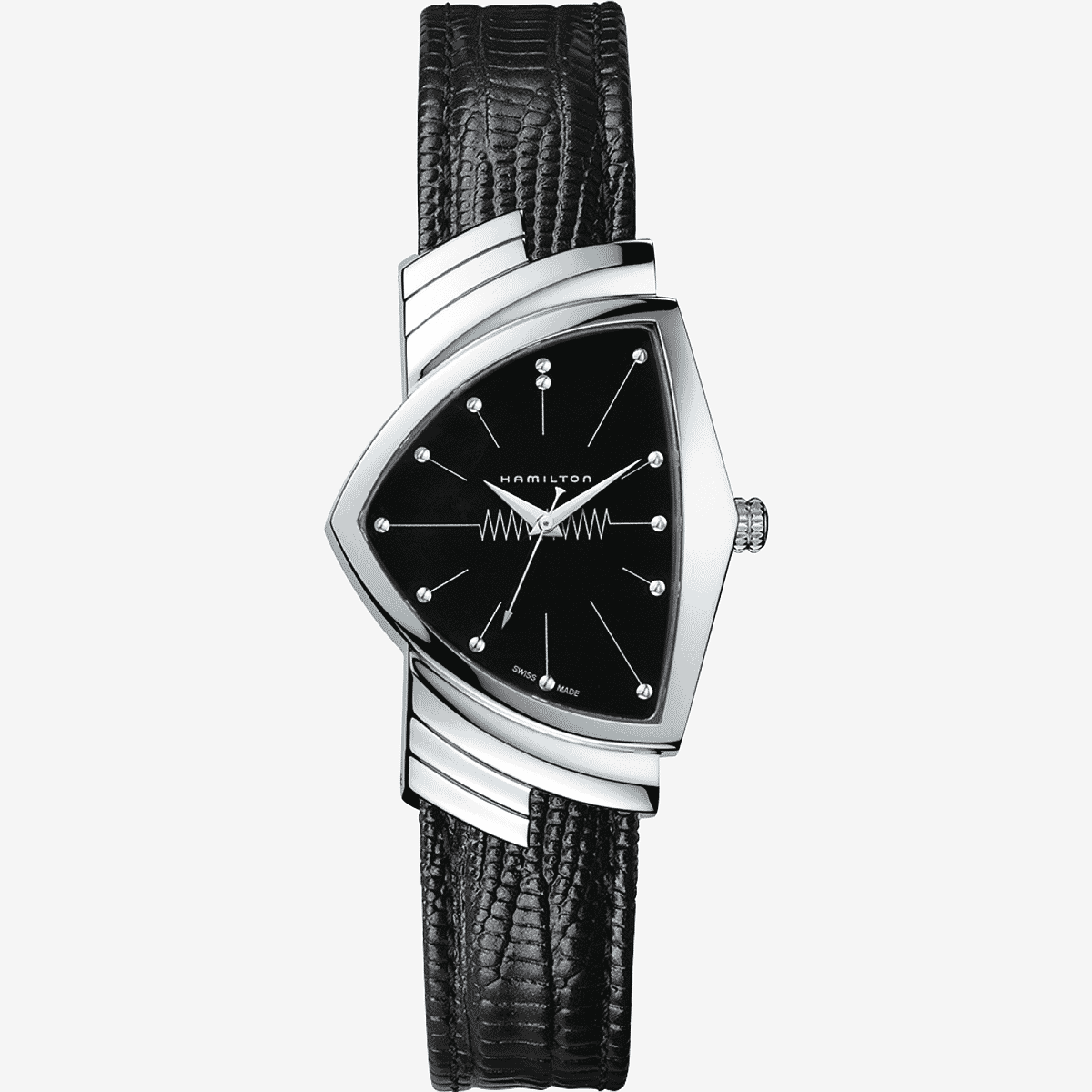 Vista frontal del Ventura Quartz con brazalete de piel y esfera negra - H24411732