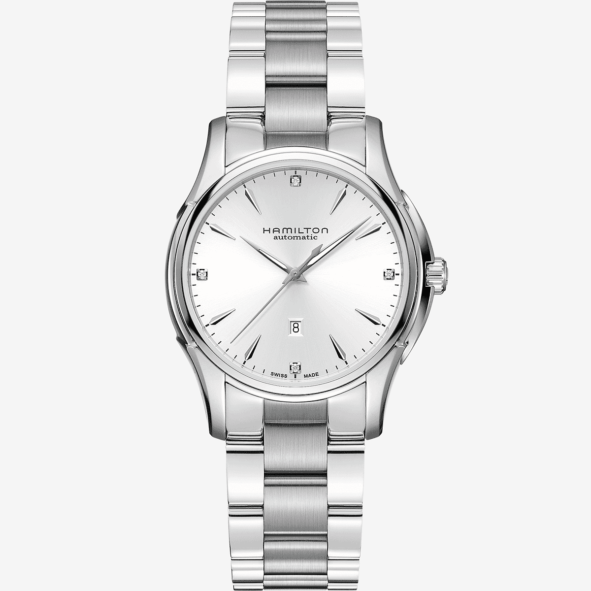 Vista frontal del Reloj Hamilton Jazzmaster Lady Auto con brazalete de acero y esfera blanca - H32315111