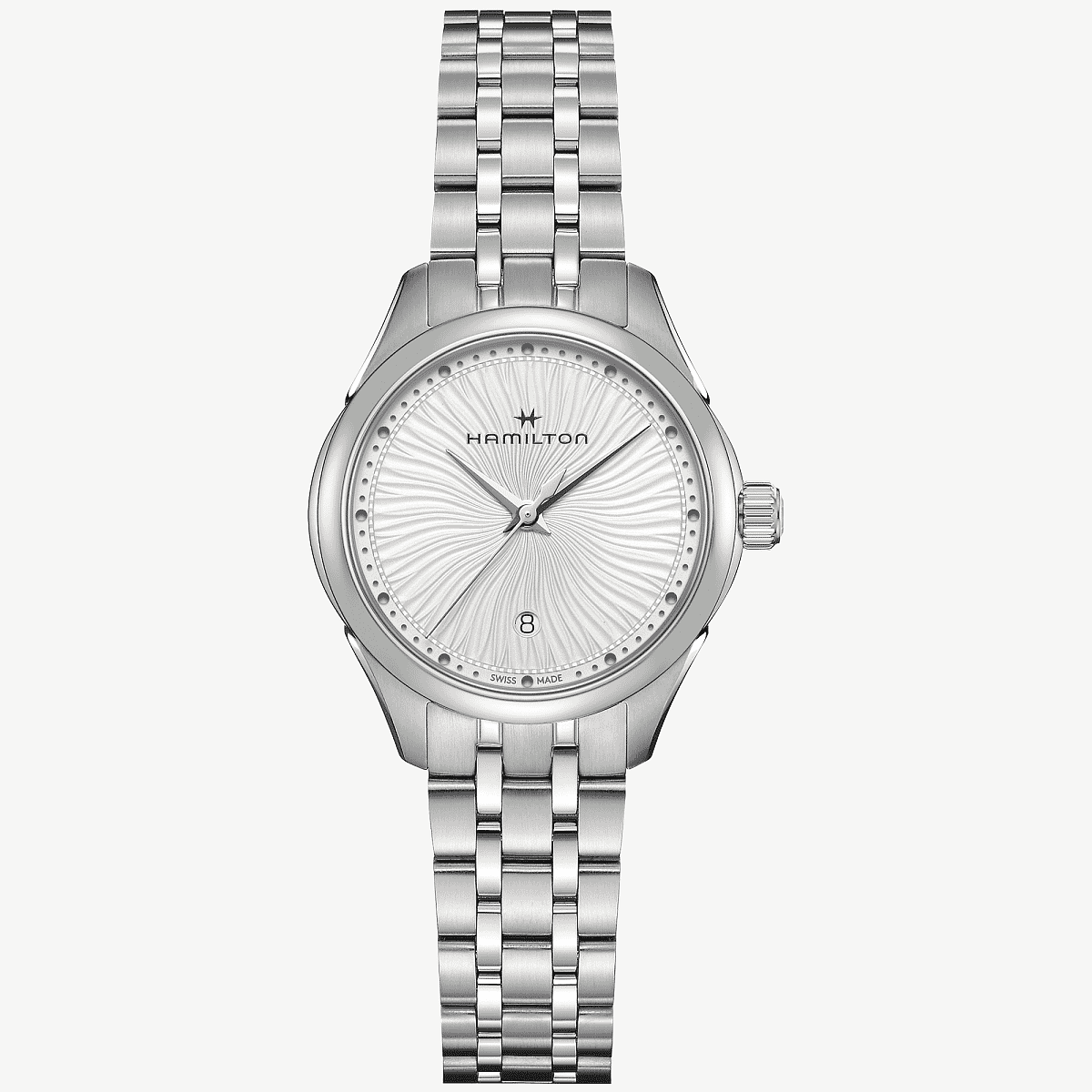 Vista frontal del reloj Hamilton Jazzmaster Lady Quartz con brazalete de acero y esfera blanca - H32231110