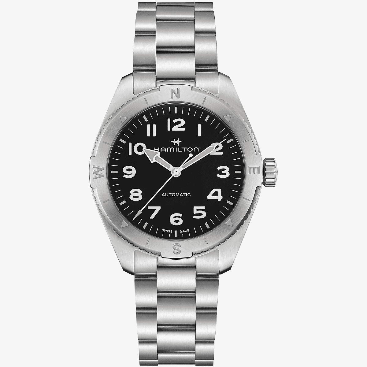 Vista frontal del Reloj Hamilton Khaki Field Expedition Auto con brazalete de acero y esfera negra - H70315130