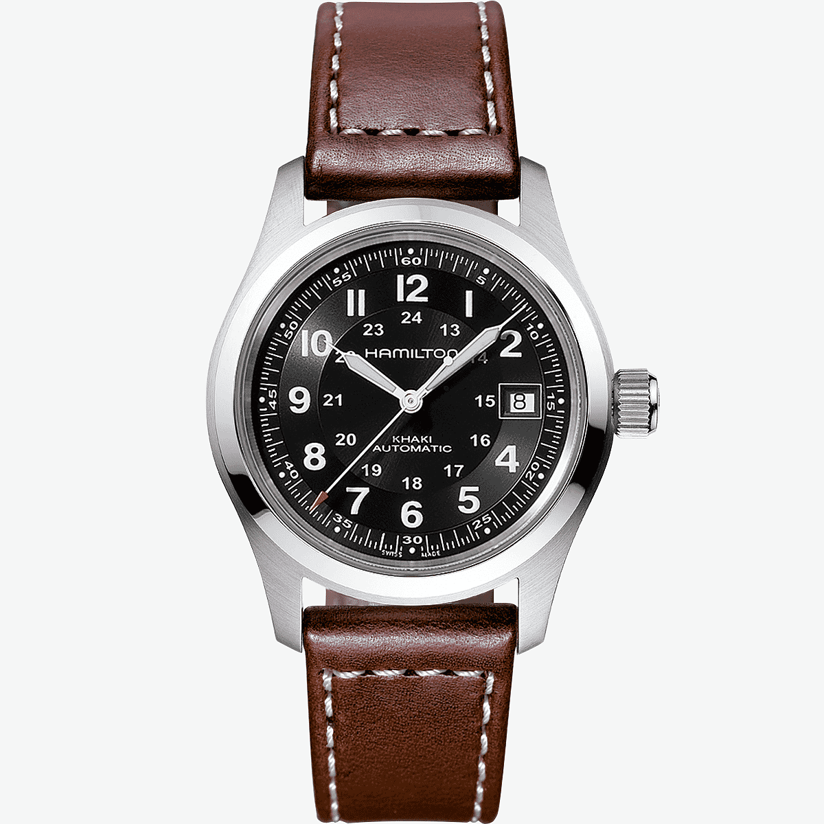 Vista frontal del Reloj Khaki Field Auto con caja de acero y esfera negra - H70455533