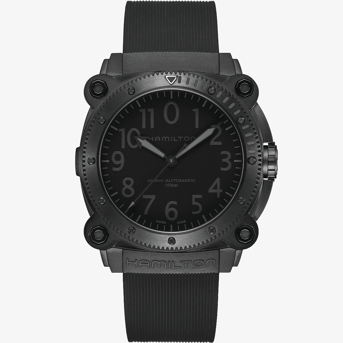 Vista frontal del Khaki Navy BeLOWZERO Auto Titanium con esfera negra y brazalete de goma - H78505330