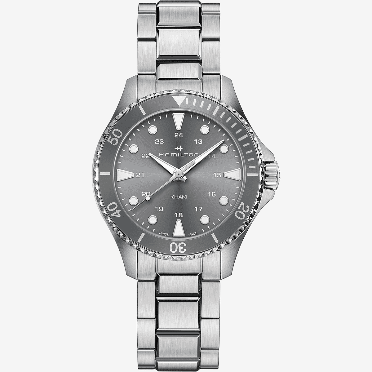 Vista frontal del Reloj Hamilton Khaki Navy Scuba Quartz con brazalete de acero y esfera gris - H82211181