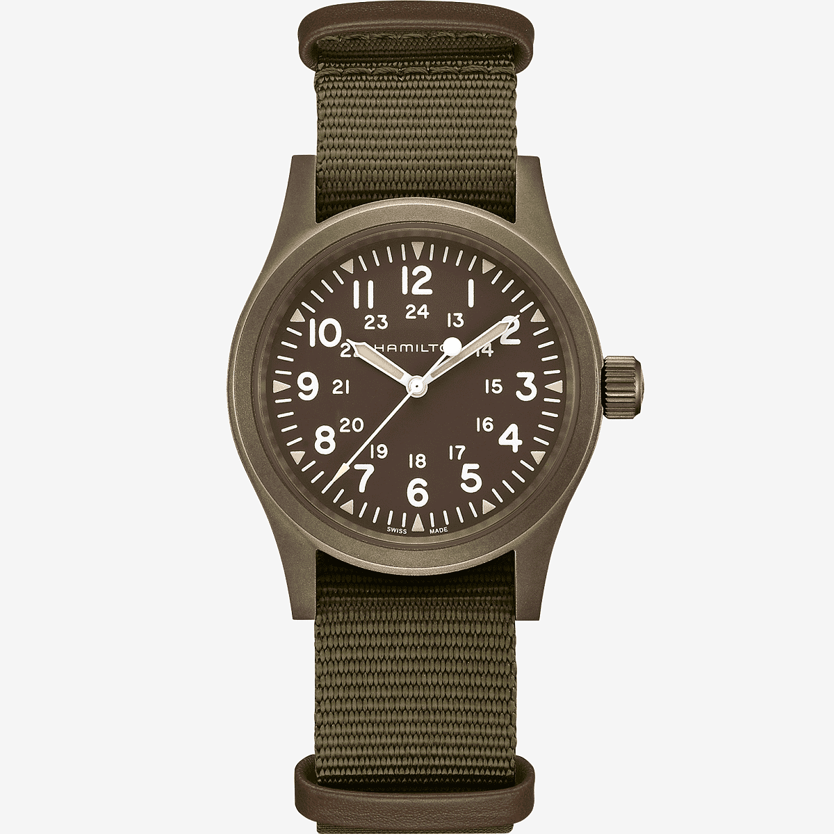 Vista frontal del Reloj Khaki Field Mechanical con brazalete textil verde y esfera marrón - H69449961