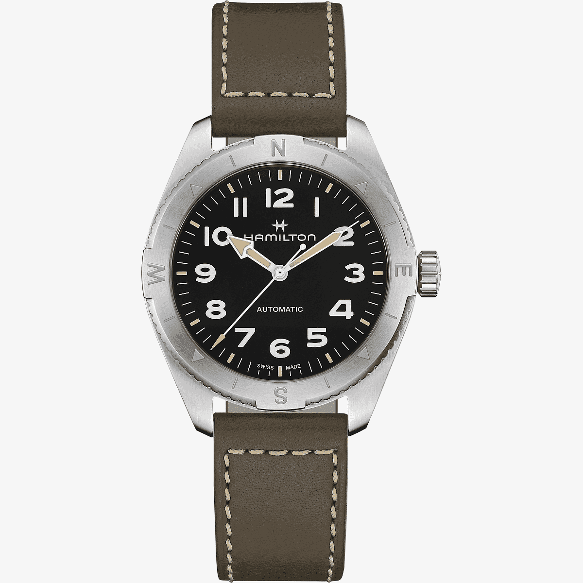 Vista frontal del Khaki Field Expedition Auto con esfera negra y brazalete de piel - H70315830