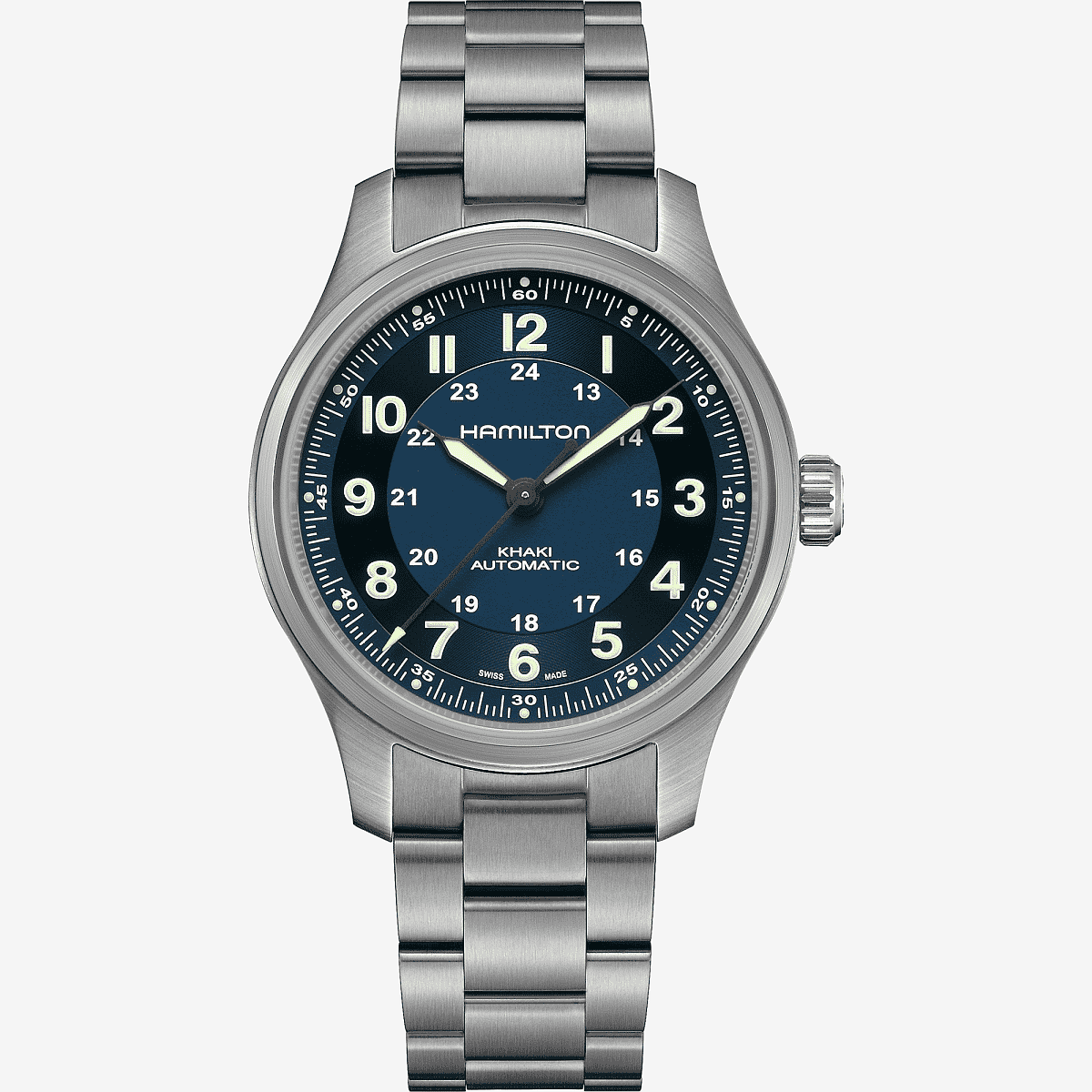Vista frontal del Khaki Field Titanium Auto con brazalete de titanio y esfera azul - H70545140