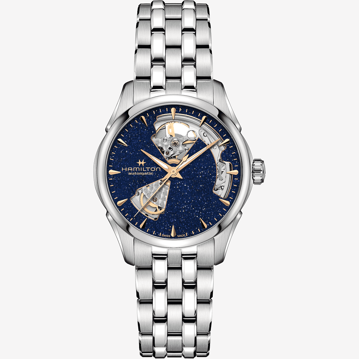 Vista frontal del reloj Jazzmaster Open Heart Lady Auto con esfera azul y brazalete de acero - H32215142