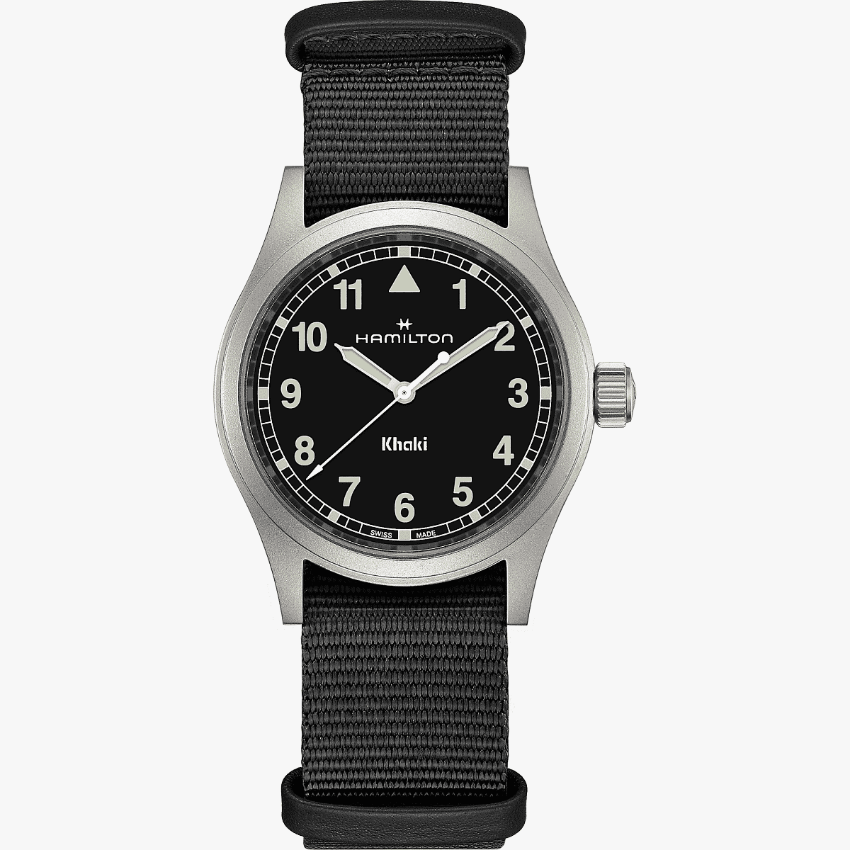 Vista frontal del Khaki Field Quartz 38 mm con esfera negra y brazalete de textil - H69401430