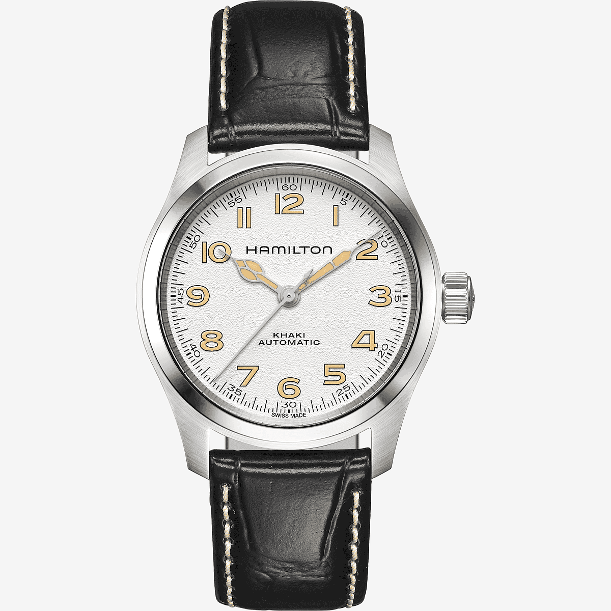 Vista frontal del Khaki Field Murph 38mm con brazalete de piel y esfera blanca - H70405710