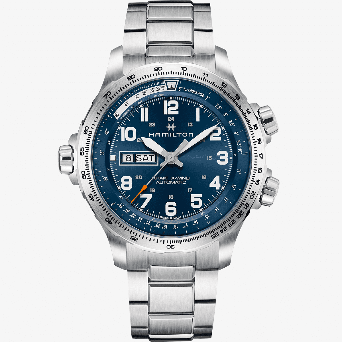 Vista frontal del Khaki Aviation X-Wind Day Date Auto con brazalete de acero y esfera azul - H77765141