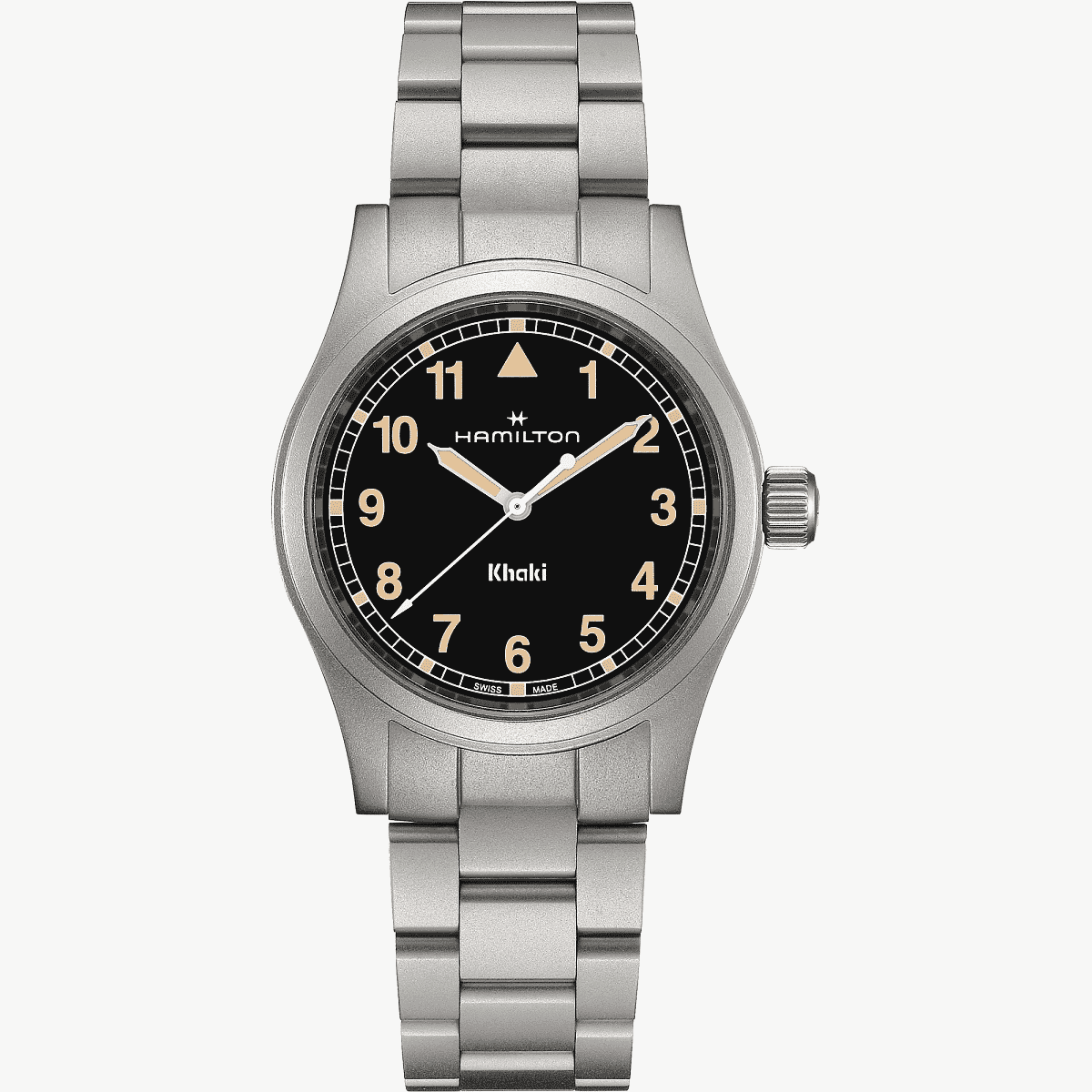 Vista frontal del Reloj Hamilton Khaki Field Quartz 38mm con brazalete de acero y esfera negra - H69401131
