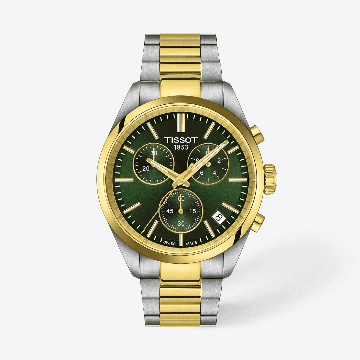 Vista frontal del Reloj TISSOT PR 100 40mm con brazalete bicolor de acero y esfera verde - T1504172209100