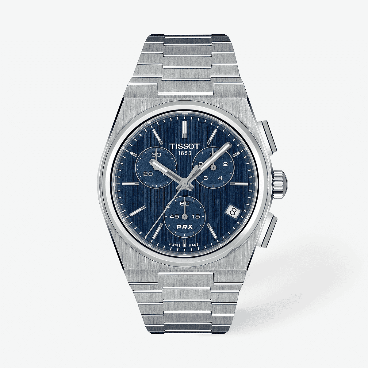 Vista frontal del Reloj Tissot PRX 41mm con brazalete de acero y esfera azul - T1374171104100