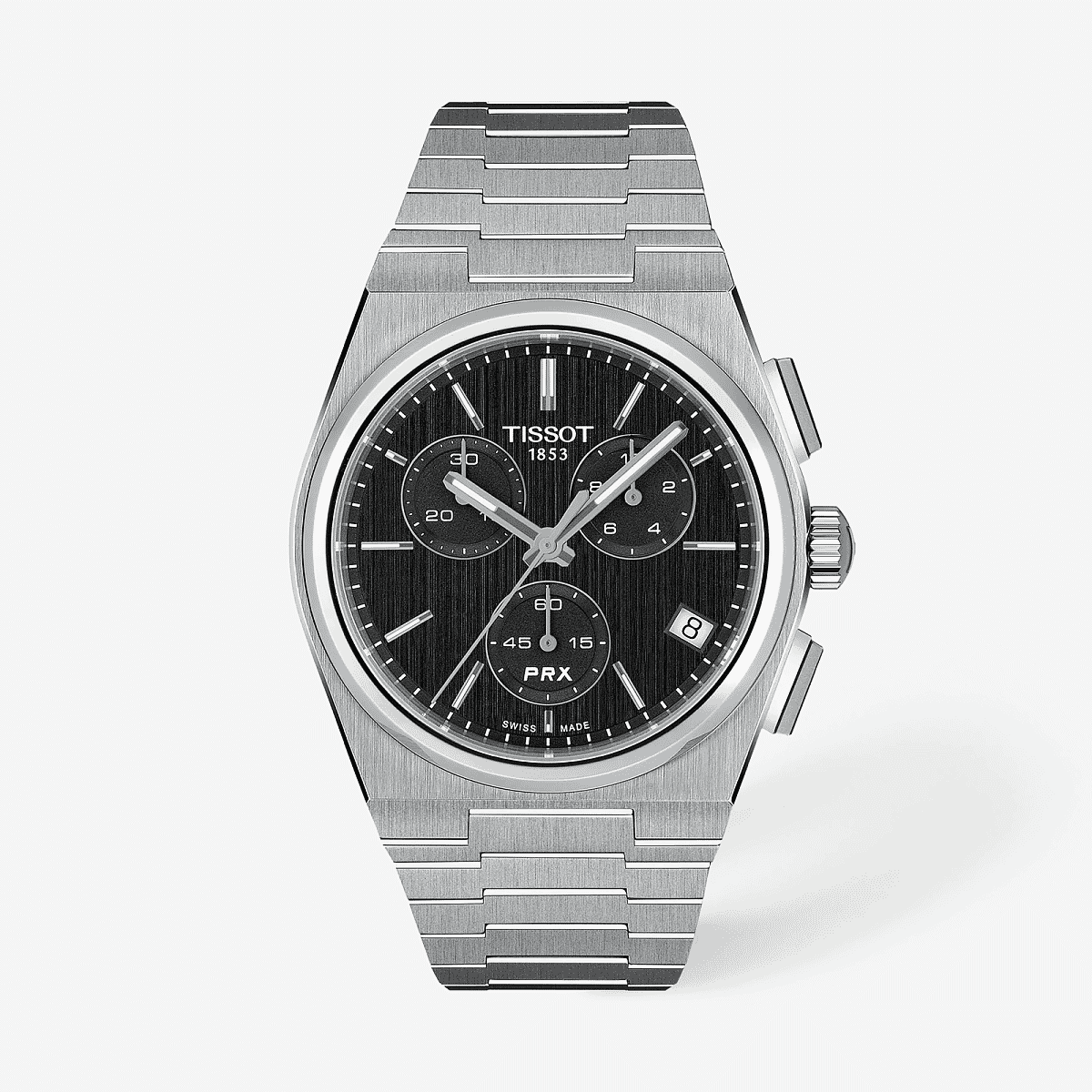 Vista frontal del Reloj Tissot PRX 41mm con caja de acero, esfera negra y brazalete de acero - T1374171105100