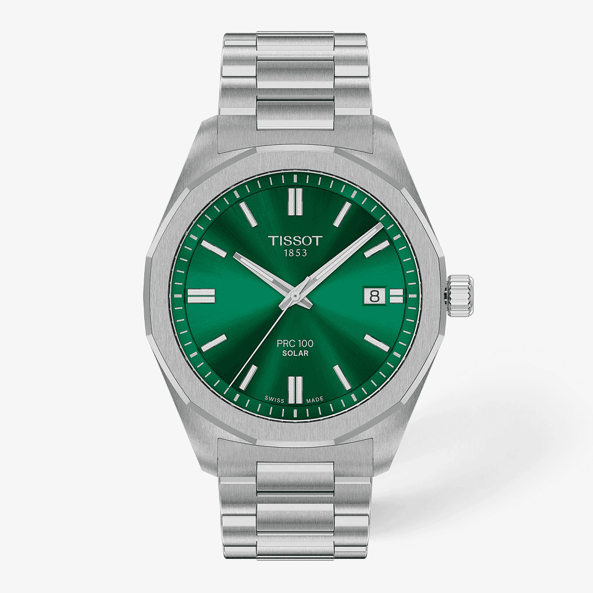 Vista frontal del Reloj Tissot PRC 100 Solar 39mm con esfera verde y brazalete de acero - T1514221109100