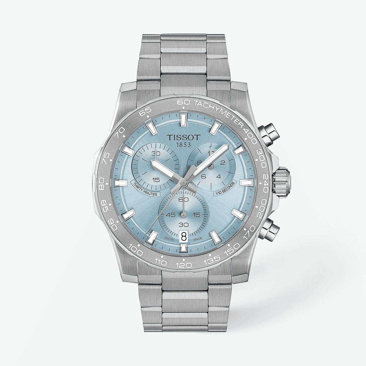 Vista frontal del Reloj Tissot Supersport Chrono 42mm con brazalete de acero y esfera azul - T1254171135100