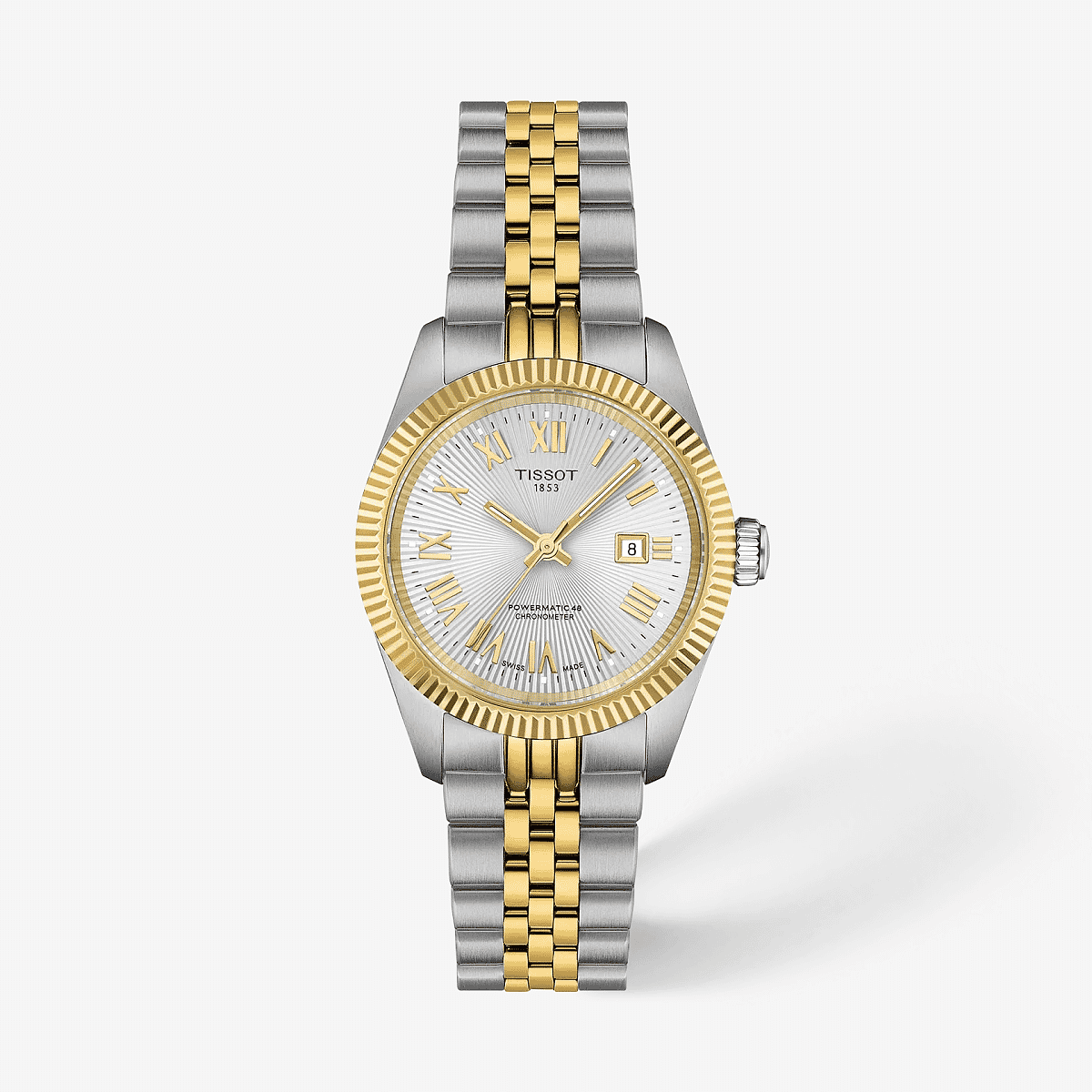 Vista frontal del Reloj Tissot Ballade 30mm con brazalete bicolor de acero y esfera plateada - T1562082203301
