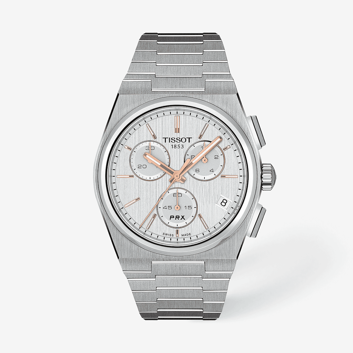 Vista frontal del Reloj Tissot PRX 41mm con brazalete de acero y esfera plateada - T1374171103100