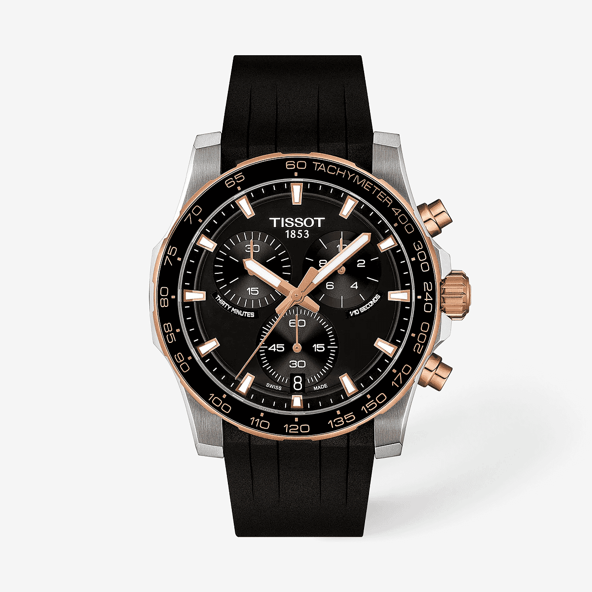 Vista frontal del Reloj Tissot Supersport Chrono 42mm con esfera negra y correa de caucho - T1254172705100