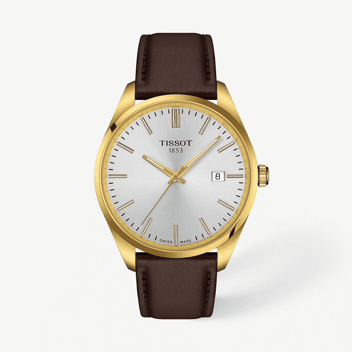 Vista frontal del Reloj TISSOT PR 100 40mm con caja dorada esfera plateada y correa de piel marrón - T1504103639100