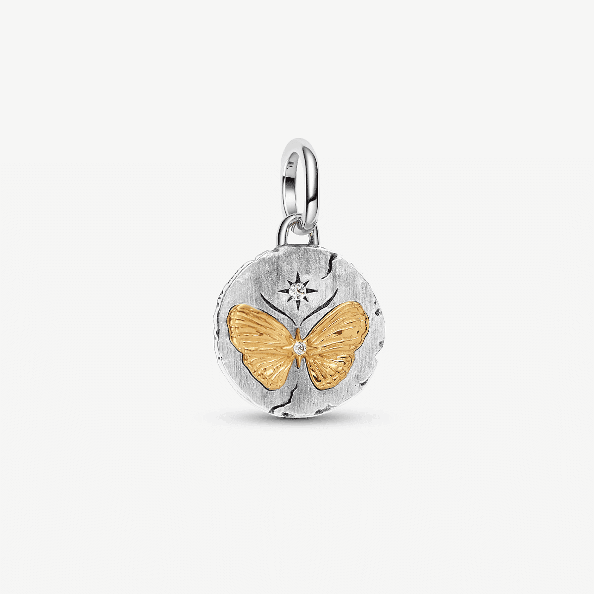 Charm Medallón Mariposa en plata de ley y chapado en oro con circonita transparente, vista frontal - 764803C01