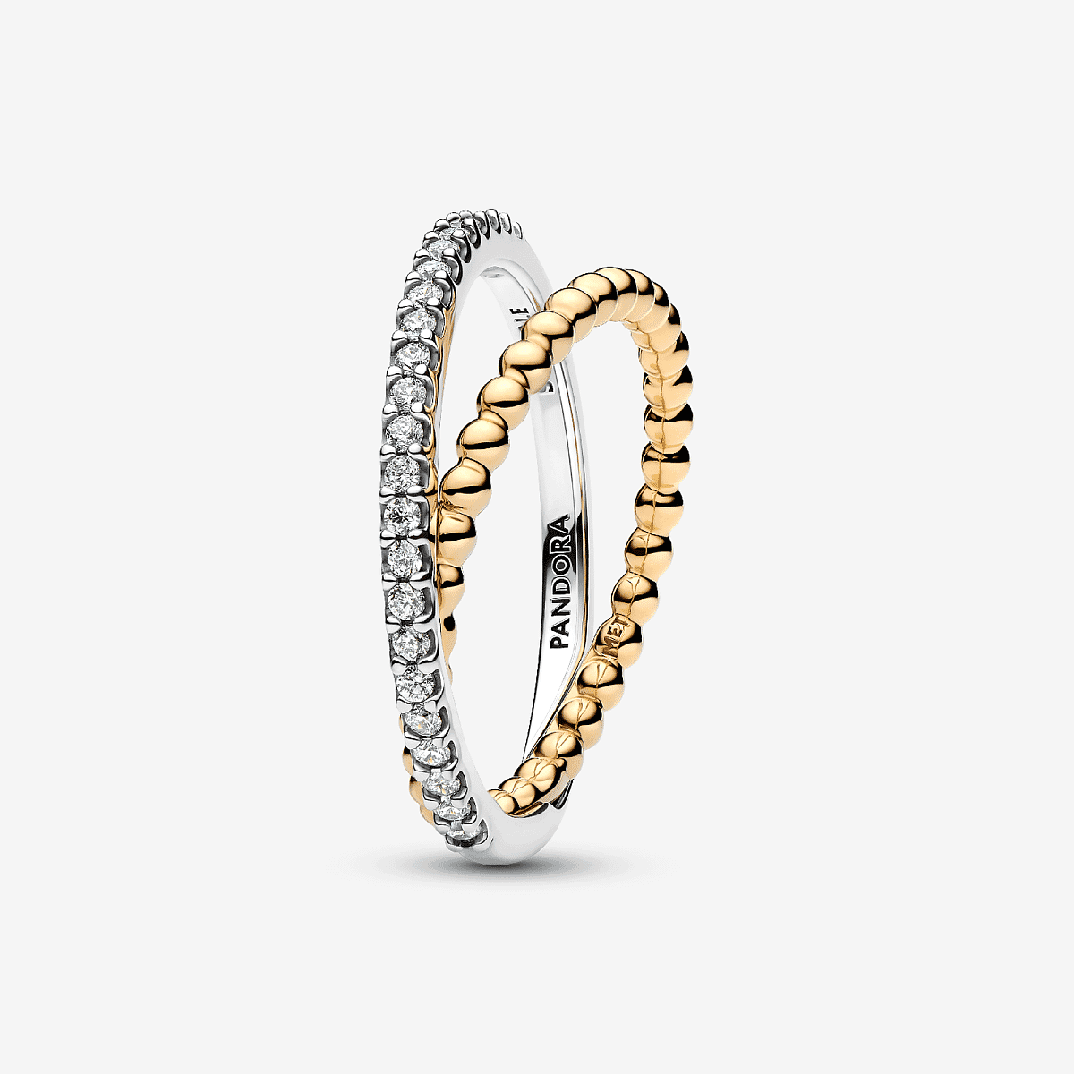 Anillo Banda Doble Cruzada Cuentas y Pavé de Pandora en plata de ley y chapado en oro con circonitas transparentes en vista frontal - 164827C01