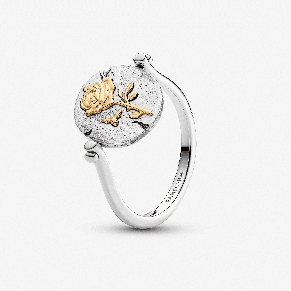 Anillo Medallón Reversible Rosa en plata de ley y chapado en oro con detalles dorados y plateados vista frontal - 164811C00