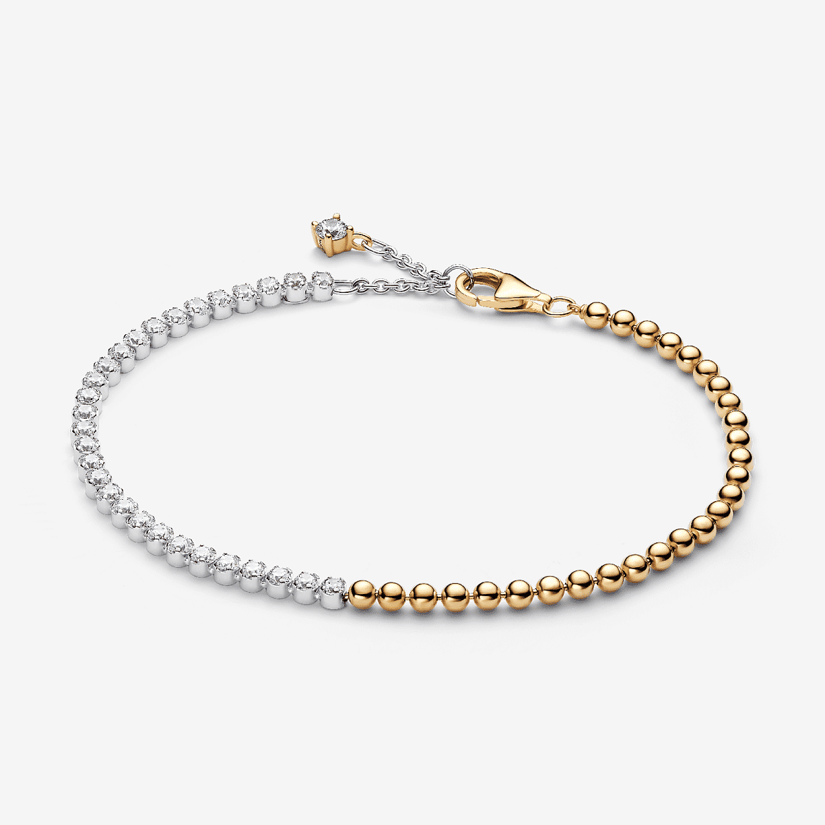 Pulsera Tenis y Cuentas de Pandora en plata de ley y chapado en oro de 14k con circonitas transparentes en vista frontal - 564820C01