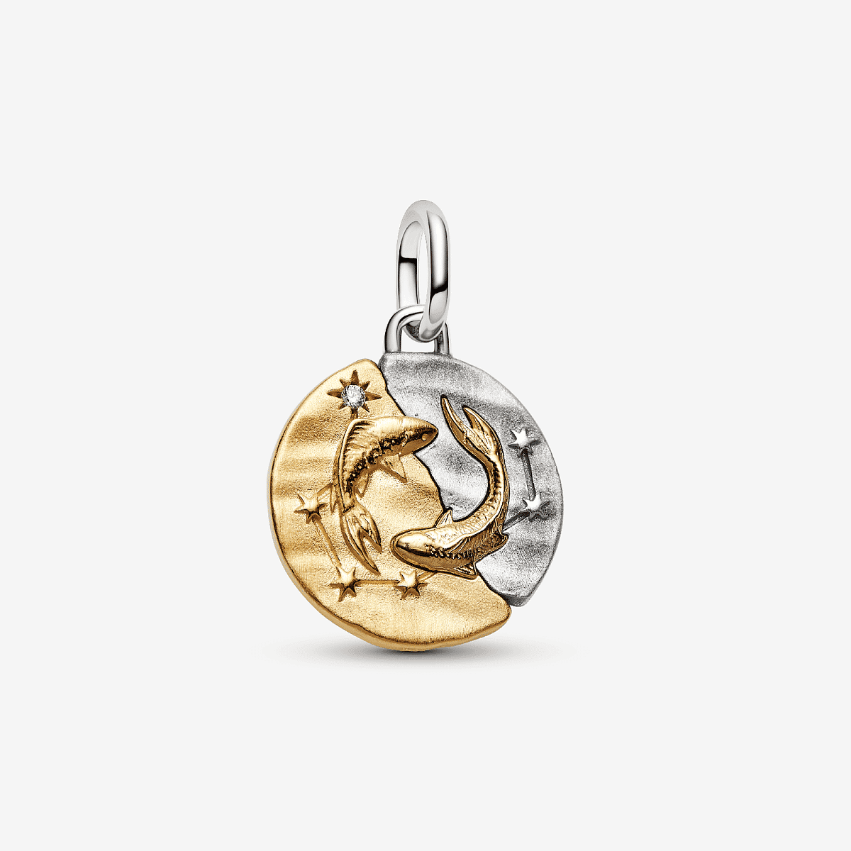 Charm Medallón Zodiaco Piscis de Pandora en plata y chapado en oro con circonita transparente, vista frontal - 764991C01