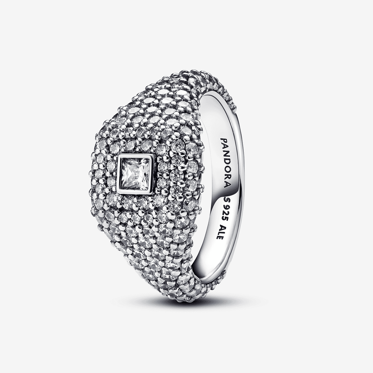 Anillo de Cocktail Cuadrado en Pavé de Pandora en plata de ley con circonita transparente en vista lateral - 193556C01